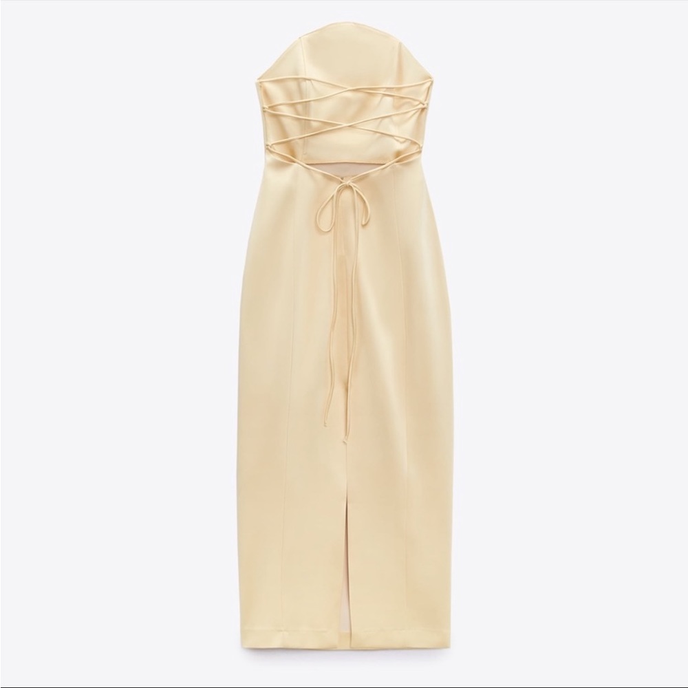 Zara Champagne Satin Strapless Midi Dress - Picture 7 of 7
